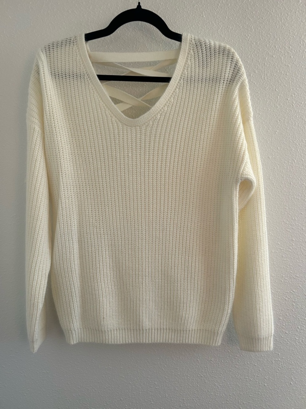 Poof V-Neck Knit Sweater with Crisscross Back Detail